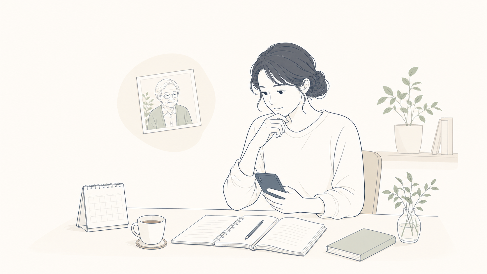 親の老後について調べながらノートに整理する人の線画イラスト