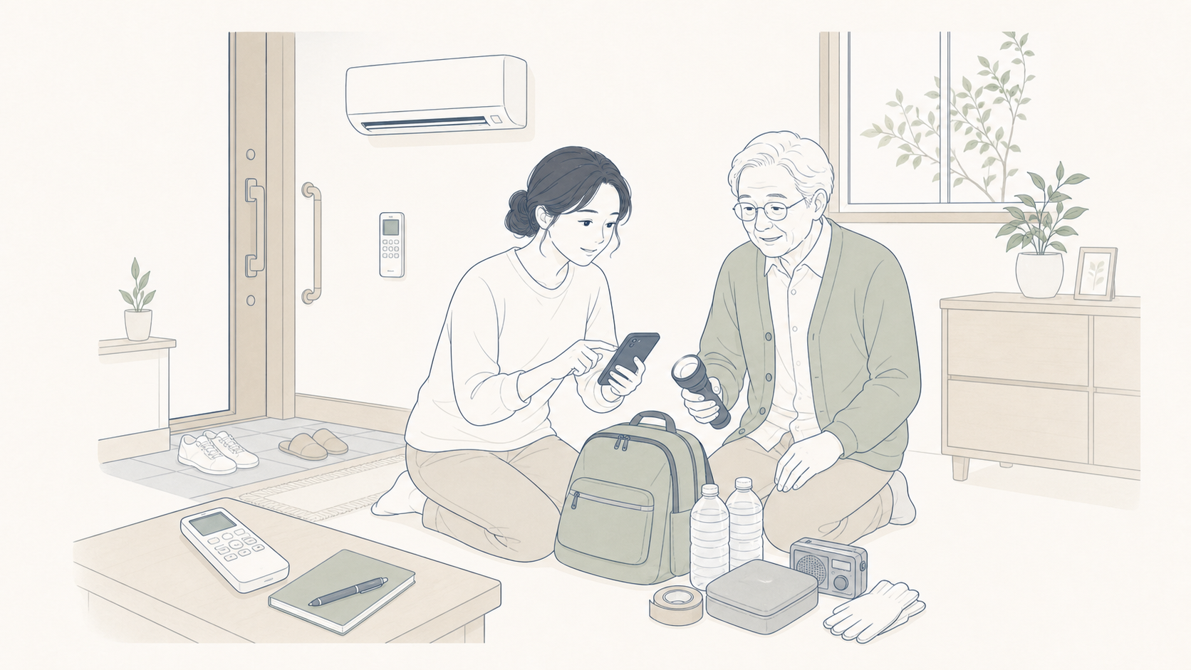 高齢の親の熱中症対策で家族ができることについて家族で確認する線画イラスト