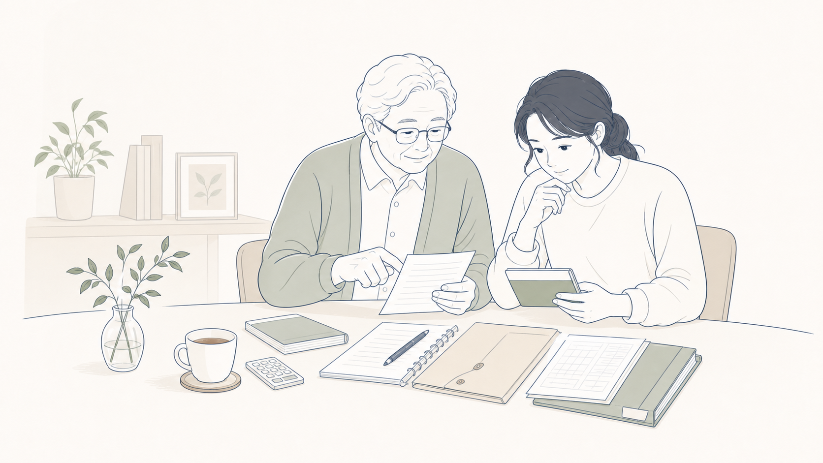 手続きに関する書類を親子で確認している線画イラスト