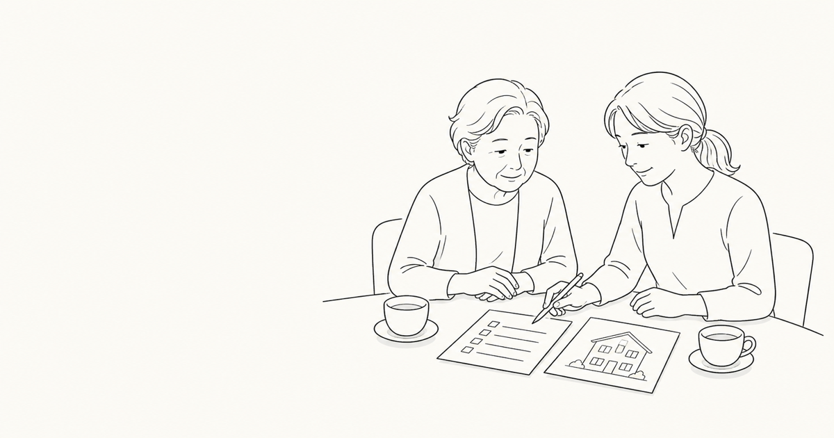 親子が実家の中で穏やかに話し合う線画イラスト