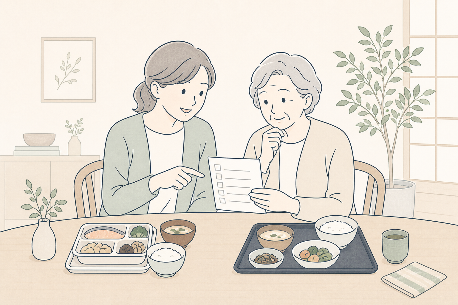 高齢の親と子どもが宅配食とチェックリストを見ながら相談している線画イラスト